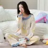 Conjunto de Pijama Feminino 100% Algodão para Primavera e Outono, Manga Longa Calça Longa, Pode Ser Usado Fora de Casa, Estilo Coreano Casual Listrado Conjunto de Roupa de Casa