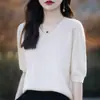 Suéter de punto para mujer con cuello en V y cinco mangas, color liso, manga corta, suéter de punto holgado, capa base, camiseta 25 Otoño Nueva Llegada Primera Línea Listo para usar T