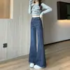 Jeans de Campana de Cintura Alta de Diseño Retro Azul para Mujer, Jeans de Campana Elásticos de Cintura Alta para Piso de Otoño para Mujer A13618