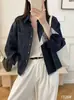 Chaqueta de mezclilla holgada estilo coreano para mujer, de manga larga, cuello de solapa, versátil para ir al trabajo, abrigo corto, chaqueta tipo camisa azul oscuro, top de moda