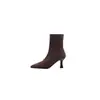 Botines marrones para mujer, de tacón alto, nuevo estilo otoño e invierno 2025, botines elásticos versátiles de tacón de aguja estilo francés, gamuza, punta fina, ajuste ceñido