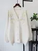 Casaco Suéter de Lã Pesada com Design de Lantejoulas de Comprimento Médio Novo Outono/Inverno 2026 Estilo Coreano Cardigan de Tricô Solto para Mulheres