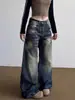 Jeans Reto Largo Lavado Gradiente Curvo Estilo Retro Americano Plus Size para Homens e Mulheres, Calça de Perna Larga Reta Solta Rasgada Estilo Streetwear Tendência