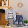 Roupas de Verão para Meninos 2026 Novo Conjunto Estiloso de Colete Sem Manga e Shorts Jeans para Crianças Atacado