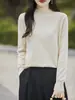 Nova camisa básica de algodão puro com gola semimang alta para outono e inverno para mulheres, modelagem solta, estilo coreano, estilosa, suéter de malha liso