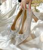 2024 Novos Sapatos de Casamento de Cristal Prata Salto Alto Feminino Strass Salto Grosso Sapatos de Madrinha Sapato Principal de Casamento Sapatos de Noiva