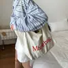 Bolsa de Gran Capacidad de Verano para Mujer, Bolso de Compras de Lona Estilo Perezoso con Bordado de Letras, Bolso Tote de un Solo Hombro para Viajes y Salidas