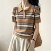 Camiseta de punto para mujer estilo francés, con cuello polo a rayas caqui, manga corta, top de verano de seda helada estilo old money, corte ajustado