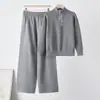 Top de punto simple con media cremallera y cuello medio alto de nuevo estilo otoño e invierno para Amazon y pantalones de pierna ancha con decoración de botones de moda