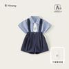 Conjunto de Uniforme Escolar de Verano para Niños Niños: Conjunto de Dos Piezas Estilo Universitario: Camisa de Cuello Rayado y Overol de Color Sólido