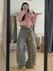 Jeans de Pierna Ancha con Parches de Cuadros y Bordado de Hongo Lindo de Dibujos Animados Americanos para Mujer Otoño Sueltos Adelgazantes de Largo Hasta el Suelo Modernos