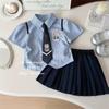 ¡Siete Pequeños Siete Conejos Afortunados de Orejas Grandes! Conjunto de Estilo Escolar para Niñas Falda Plisada para Niños Camisa Rayada Trendy Venta al Mayoreo Dropshipping