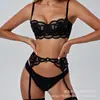 Lencería Sexy de Encaje de Venta Caliente Europea y Americana para Mujeres, Malla Fina, Minimiza Bustos Grandes, Recoge los Lados del Pecho, Previene la Flacidez, Conjunto de Sujetador de Tres Piezas