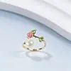 Anillo de perla natural de agua dulce pintado con esmalte para mujer, anillo abierto floral, nicho de lujo ligero, sensación de alta gama, venta al por mayor modelo nuevo
