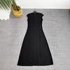 Vestido de Verano de Cintura Alta Color Sólido Commuter Empalmado Negro Midi