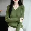 Camisa básica de tricô canelado com gola V transfronteiriça para mulheres, novo suéter básico simples de cor sólida com mangas compridas