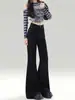 Jeans acampanados negros elásticos con forro polar para mujer, engrosados para otoño e invierno, estilo americano, adecuados para figuras petite, no ajustados, pantalones de campana holgados