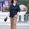 Guofeng Camisa de Algodón con Cuello Polo Vintage para Mujer Verano Holgada Adelgazante Bordada Versátil Top Pantalón de Pierna Ancha Traje Mujer
