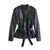 Chaqueta de cuero PU con cuello alto, de un solo botón, que ajusta la cintura, con cinturón, nueva moda de otoño e invierno, versátil, corte ajustado, elegante, top casual para mujer