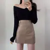 Falda corta de cuero marrón para mujer, otoño, cintura alta, falda tubo de cuero PU, falda ajustada sexy, adelgazante, corta, de un solo paso