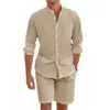 Conjunto de Dos Piezas de Verano para Hombre de Amazon Transfronterizo: Camisa de Lino con Botones, Shorts de Manga Larga, Cárdigan, Atuendo Casual de Playa
