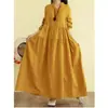 Nuevo Vestido Artístico Vintage Otoño 2026, Estilo Bosque Corte Holgado, Cuello Fruncido, Por Encima de la Rodilla, Falda Completa, Vestido Largo de Color Sólido