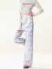 Pantalones Casuales de Pierna Ancha Estilo Americano Dopamina para Mujer, Nuevos de Cintura Alta Sueltos de Pierna Recta Pintados Versátiles Caídos de Largo Hasta el Suelo