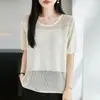 2026 Nova Camiseta de Tricô Curta com Renda Vazada para Mulheres, Top de Tricô Fino de Seda Gelada para Verão, Roupa Feminina Plus Size