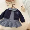 Conjunto de dos piezas a cuadros estilo universitario para bebé niña, otoño, vestido cárdigan con cuello de muñeca, conjunto de dos piezas, elegante