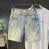 Shorts de mezclilla desgastados color azul claro para hombre, marca de moda urbana, corte recto, adelgazantes, versátiles, casuales, de longitud media