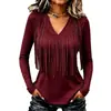 Diseño propio de Anno 2026 moda casual europea y americana para mujer, top de manga larga con cuello en V y flecos para tienda independiente de Amazon