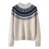 Suéter feminino de cashmere, novo estilo outono e inverno, jacquard Fair Isle, gola alta, pulôver, tricotado, quente, grosso