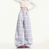 Pantalones Casuales de Cuadros Morados NaturalDopamine para Mujer Verano Estilo Delgado Para Personas Petites Pierna Ancha Largos Estilo Primavera Otoño