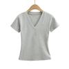 Camiseta Retro Americana de Manga Raglán para Mujer 2024 Verano Nuevo Top Básico Ajustado con Cuello en V para Chica Caliente