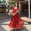 Vestido largo de encaje retro casual adelgazante de moda de verano 2026 con cinturón para vacaciones