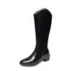 Pernas longas Couro Completo Emagrecimento V-Mouth Knight Botas 2023 Inverno Novo Salto Médio Grosso Pointed Curry Color Botas Altas para Mulheres