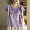 Camiseta de Algodón y Lino Vintage con Bordado Pesado de Cuello Redondo para Mujer, Nuevo Modelo Verano 2026, Suéter Delgado Elegante Versátil para Mujer