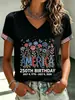 Fabricante Direto Roupas Femininas Transfronteiriças EUA 250ª Camiseta com Estampa Digital Decote V Dia da Independência Estrelas e Águias