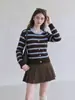 Cardigan Tricotado Listrado Colorido Contrastante Gola Redonda Manga Longa Feminino 2026 Outono Novo Estilo Coreano Peça de Roupa Petite Top de Temperamento