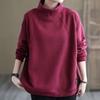 Moletom Feminino Retrô de Algodão para Primavera com Gola Meia-Alta e Forro de Lã, Pulôver Casual Solto de Manga Longa para Outono e Inverno
