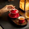 Conjunto de Chá Kung Fu Gaiwan Cerâmico de Três Peças com Esmalte de Cor Mineral Original das Dinastias Tang e Song para Uso Doméstico, Gaiwan de Parede Fina, Anti-Escaldante, Xícara de Chá de Cor Sólida