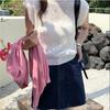 Suéter de Seda de Gelo de Manga Curta Novo Verão Popular Camisa Básica Curta Top Francês de Alta Qualidade com Mangas Curtas Leves Rosa