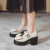 Sapatos de Salto Alto com Laço Doce de Camada Única Femininos de Verão Mary Jane Vintage Salto Grosso Estilo Japonês Sapatos Pequenos de Couro