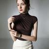 Fu Sheng Ji Outono Novo Semi-alto Collar Base Camisa Cor Sólida plissado Slim Interior