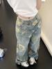 2024 Outono Vintage Impresso Jeans Feminino Novo Design de Nicho Sense Loose Wide Leg Trendy Ins Calças