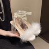 Zapatos de Tacón Alto para Mujer 2025 Verano Nuevo Perla Punta Redonda Correa de un Carácter Mao Mao Punta Abierta Listón Grueso Sandalias Combinables