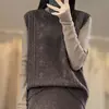 Chaleco de punto sin mangas de lana completa informal suelto con flores pequeñas huecas de color sólido simple de cuello redondo retro para mujer