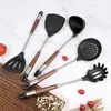 Conjunto de Utensílios de Cozinha de Madeira com Cabo de Silicone Transfronteiriço Espátula de Cozinha Colher Espátula para Fritar Wok Antiaderente Espátula para Saltear Concha de Sopa Garra para Macarrão Grande com Furos