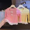 Camisetas Básicas Dulces de Encaje con Lazo para Niñas de Primavera y Otoño, Camisetas de Manga Larga de Moda para Bebés Niñas