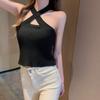 2024 Verão Novo Pequeno Sexy Preto Slim All-match Pendurado Pescoço Cruz Malha Umbigo Sling Base Colete para Mulheres